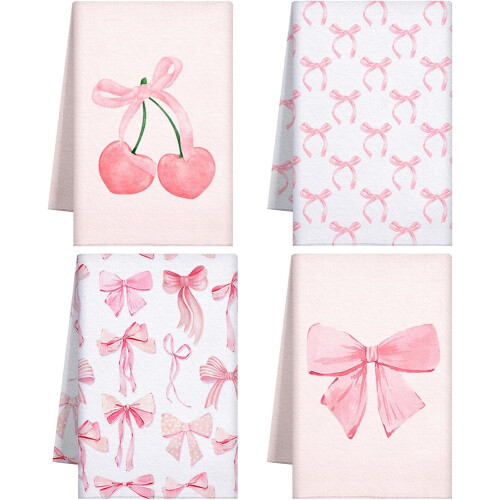Pink Bow Microfiber Kitchen Towels Set of 4
