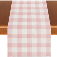 Linen Table Runner Pink White Buffalo Check 13x108 in