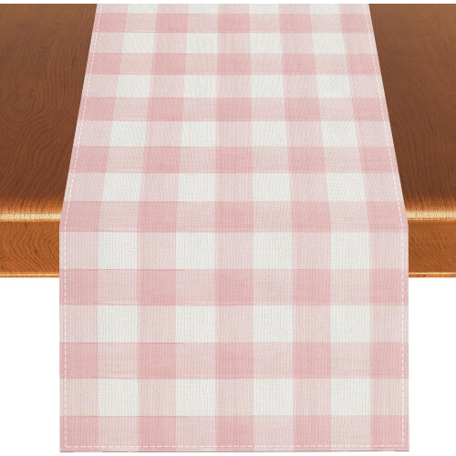 Linen Table Runner Pink White Buffalo Check 13x108 in