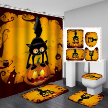 Orange Polyester Shower Curtain Set with Mat, U-Shaped Mat,