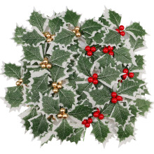 30pcs Artificial Holly Berries with Green Leaves – Red &