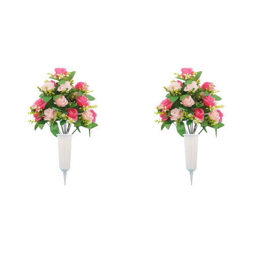 2 Pink Artificial Rose Bouquets with Vases for Cemetery 1