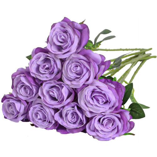10 Light Purple Silk Roses with Long Stems