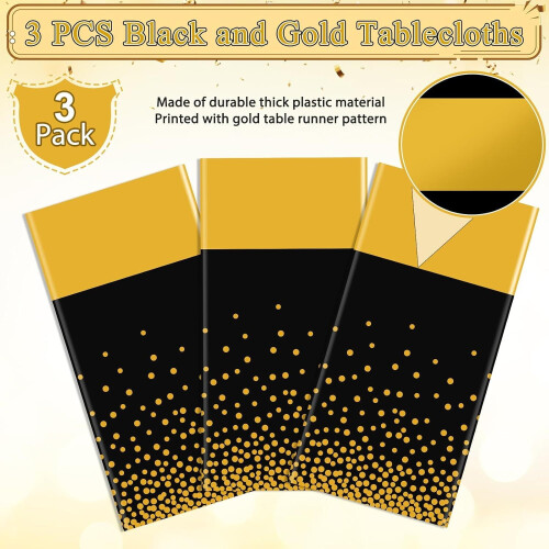 3-Pack Black & Gold Disposable Tablecloths 54x108 in 2