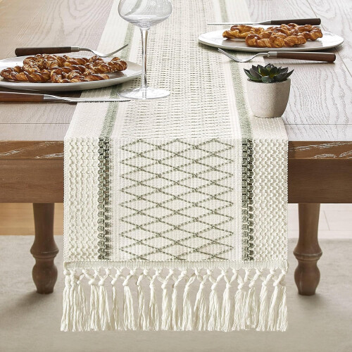 Boho Cotton-Linen Table Runner 72 inch with Tassels 1