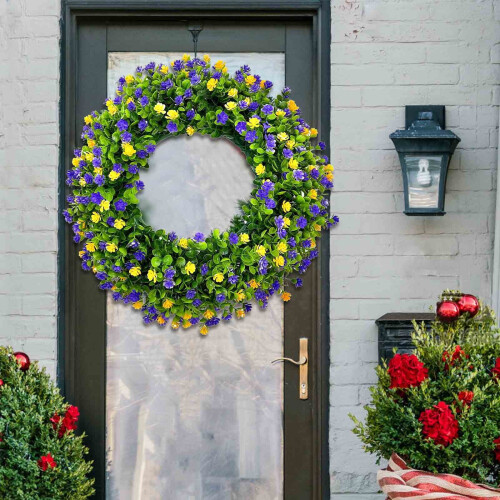 Plastic Eucalyptus Wreath with Flowers 33 cm