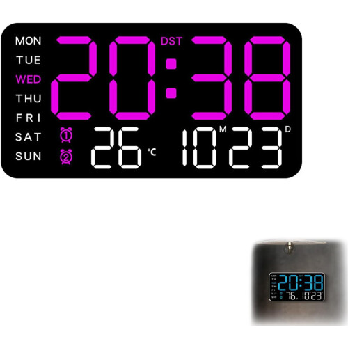 LED Wall Clock with Time Date Temperature and Night Light