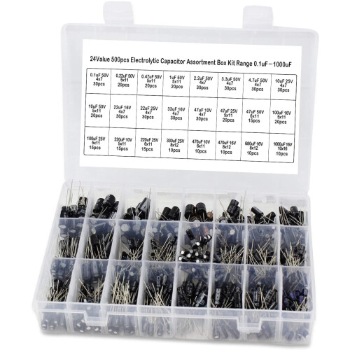 Kit com 500 capacitores eletrolíticos de alumínio de 0,1 a 1000 µF