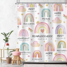 Cortina de ducha infantil arcoíris con versículo bíblico y diseño bohemio
