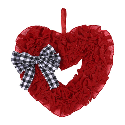 Red Burlap Heart Wreath 40cm with Plaid Bow