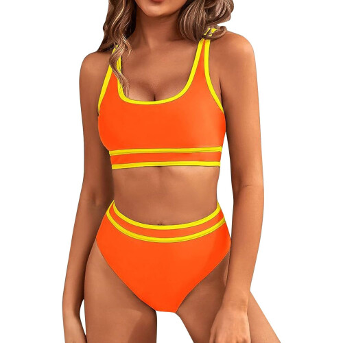 Damen-Bikini-Sets mit hoher Taille, sportliche-Orange M