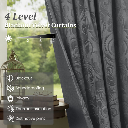 Crushed Velvet Curtains Scroll Floral Pattern 52" x 120" 1