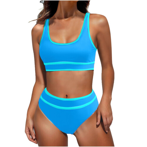 Damen-Bikini-Sets mit hoher Taille, sportliche-Blau S