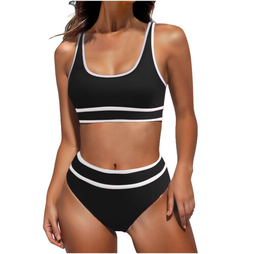 Damen-Bikini-Sets mit hoher Taille, sportliche-Schwarz M