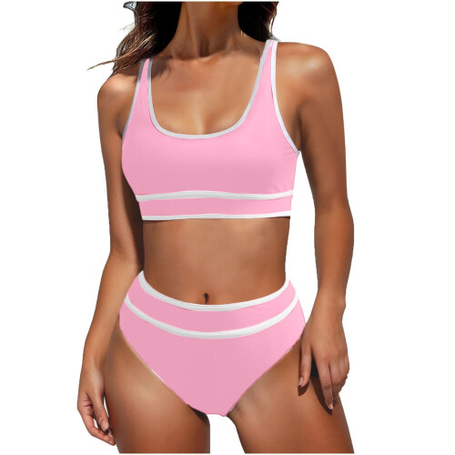 Damen-Bikini-Sets mit hoher Taille, sportliche-Pink M