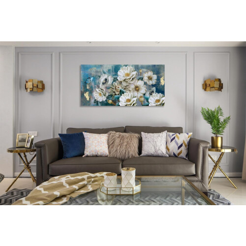 Quadro decorativo floral em tela, 40x20 polegadas, branco com textura dourada. 1