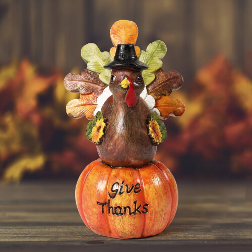Hand-Painted Turkey on Pumpkin Resin Table Decor 1