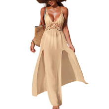 Women Full Length Crochet Swimsuit Coverup Side Split-apricot M