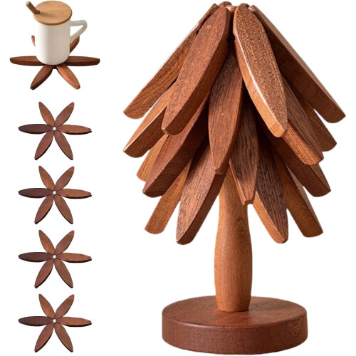 Walnut Wood Tree Trivet Set 4 pcs + Stand