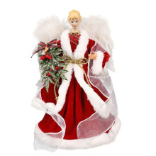 White Angel Tree Topper with Velvet Dress and Faux Fur Trim