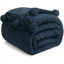Sherpa Fleece Throw Blanket Reversible Navy Blue Queen Size