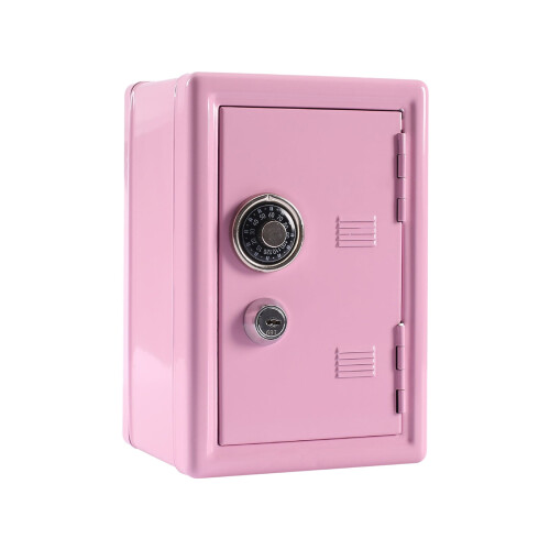 Cofre infantil rosa de metal com chave e fechadura de um dígito