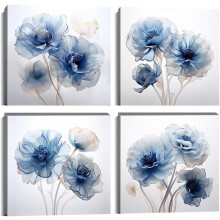 Blue and White Floral Wall Art – 4 Pack 12x12 in Canvas