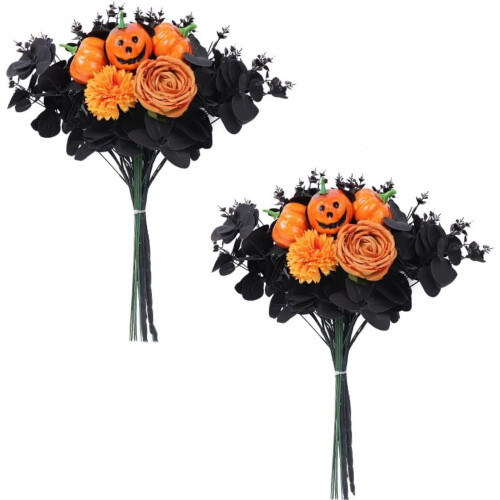 Halloween Artificial Black Rose Bouquet with Pumpkin Decor