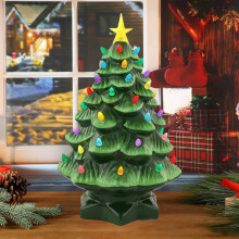 Ceramic Christmas Tree with Lights 6in Green