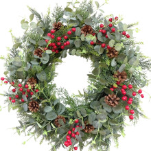 24 Inch Eucalyptus Christmas Wreath with Red Berries and