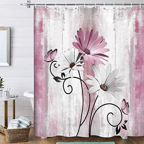 Pink Daisy Shower Curtain with Butterflies, Polyester,