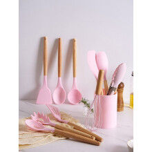 12-Pc Food-Grade Silicone Cooking Utensils Set with Wooden