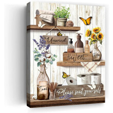 Quadro em tela para banheiro estilo fazenda – Flor e Borboleta,