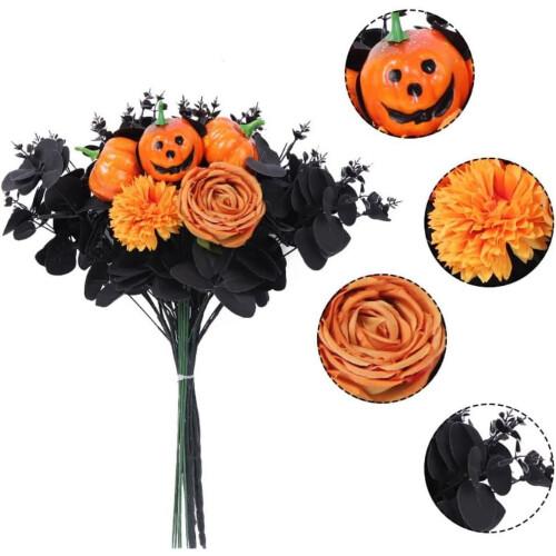 Halloween Artificial Black Rose Bouquet with Pumpkin Decor 2