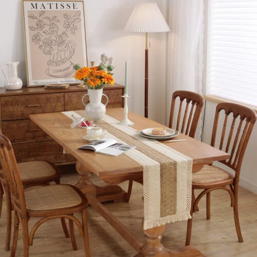 Boho Cotton Table Runner with Tassels, Rustic Burlap Back, 1