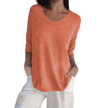 Blusa feminina amarela de malha de algodão com decote em V e mangas 3/4