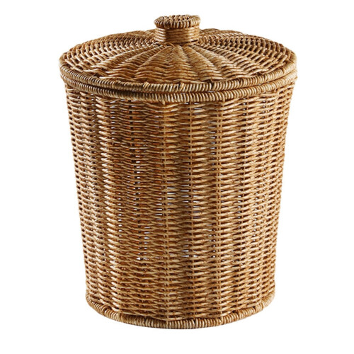 Woven Plastic Waste Basket with Lid, Light Brown, 1 Set
