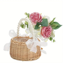 Rattan Flower Girl Basket with Pearl Handle – 1 Piece