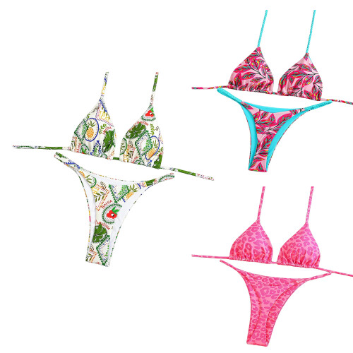Dames bloemenprint driehoekig stringbadpak-roze luipaard L 2