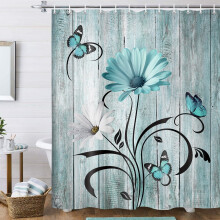 Floral Shower Curtain 47x64in Turquoise Daisy Butterfly