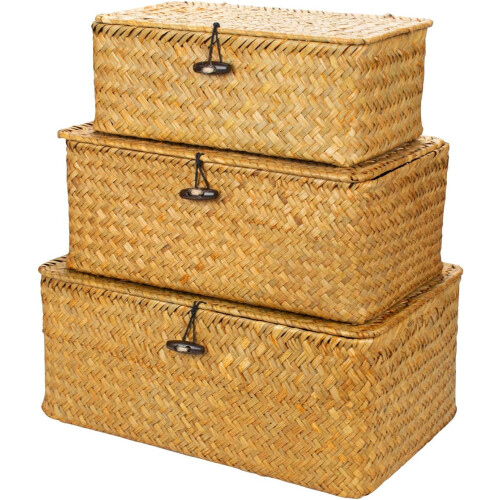 Natural Wicker Storage Baskets with Lids – Set of 3