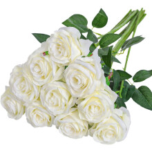 10 White Silk Roses with Stems – Wedding & Home Decor