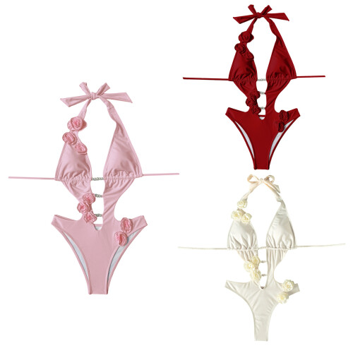 Maillot de bain une pièce avec perles et fleurs pour-Rose M 2