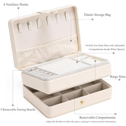 2-Layer Jewelry Organizer Box – Beige PU Leather, Portable 1