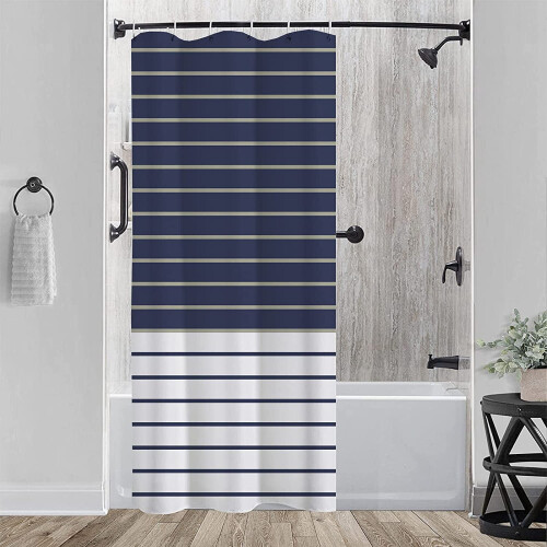 Cortina de chuveiro listrada em azul marinho e branco, 91 x 183 cm (36 x 72 polegadas), impermeável. 2