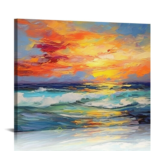 Tableau abstrait sur toile bleu ciel et orange