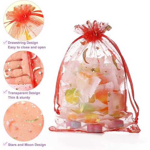 Pacote com 50 Sacolas de Presente de Organza com Estampa de Lua e Estrela, 7,6 x 10,2 cm 2