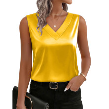 Women's silk camisole, V-neck casual top, sleeveless-Yellow L