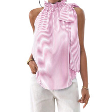 Women Tops Sleeveless V Neck Top Button Front Shirt-Pink M