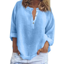 Linen Tops for Women Casual Beach Shirts Loose Fit-Blue L